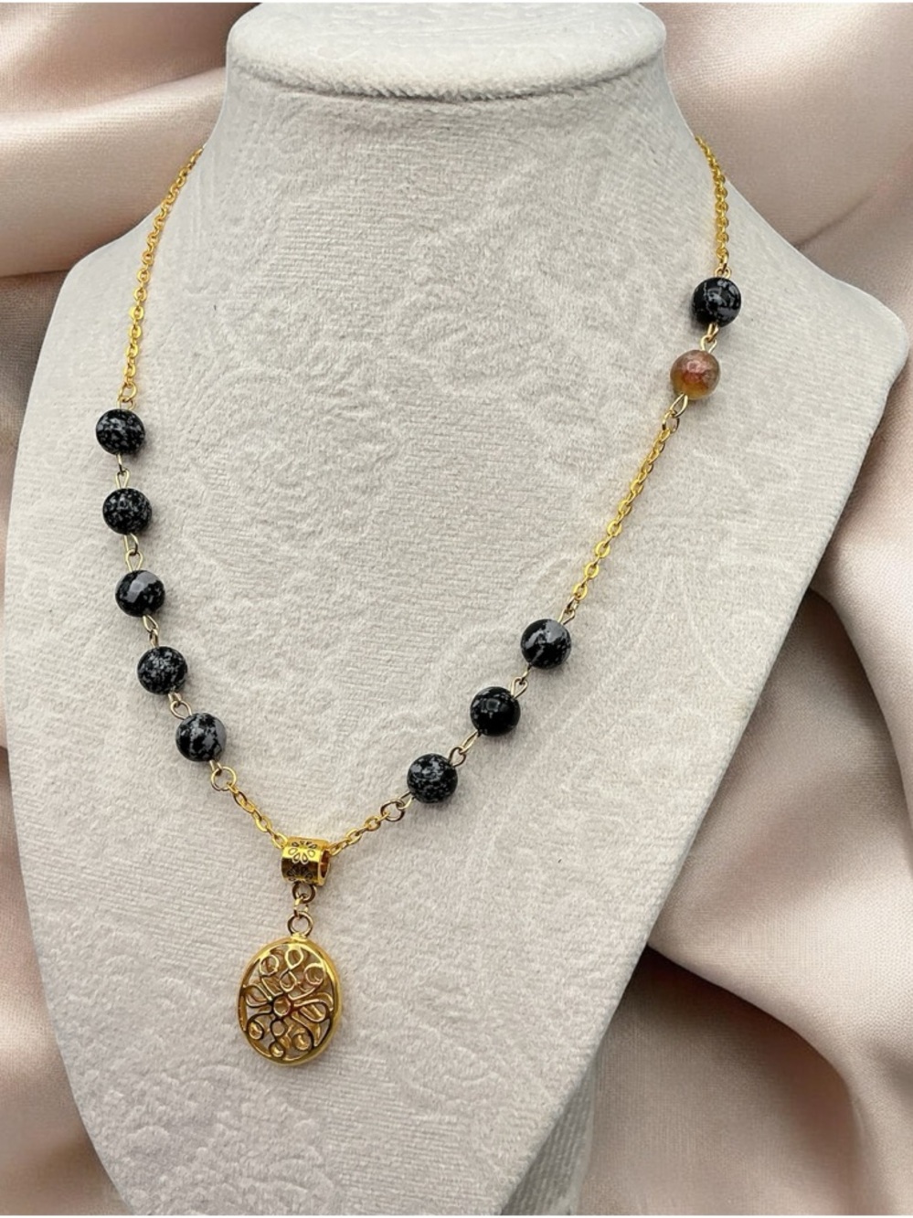 Gold Pendant Necklace with Black Speckled Beads